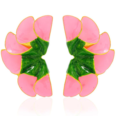 Aksod Large Flower Earrings Pink Enamel Floral Earrings Stud Dripping Oil Statement Plant Earrings Jewelry for Women (Green-Pink)