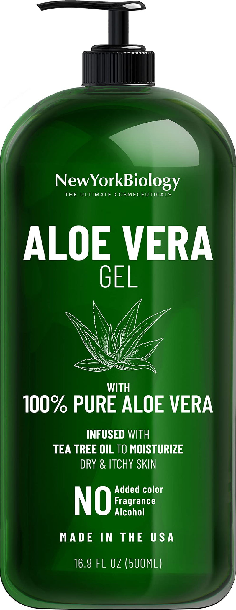 New York Biology Aloe Vera Gel for Face Skin and Hair - Infused with Tea Tree Oil - From Fresh Aloe Vera Plant - Moisturizing Aloe Vera for Sunburn Relief and Dry Skin - 16.9 Fl Oz