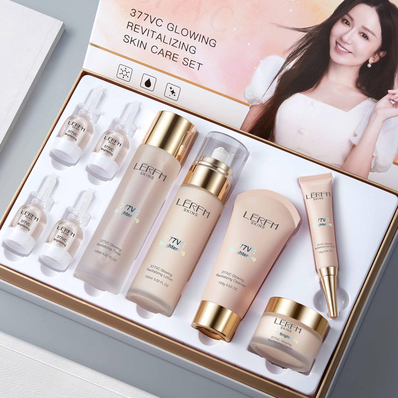 AESTHTANY LERFM Moisturizing Brightening Aloe Face Skin Care Set Hyaluronic Serum Skin Care Set | Radiant Youthful Skin Alcohol-Free Hypoallergenic Cleanse Recondition and Puri (377- Nine piece set)
