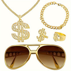 Hip Hop Gold Chain Set with Sunglasses (5 Dollar Theme)