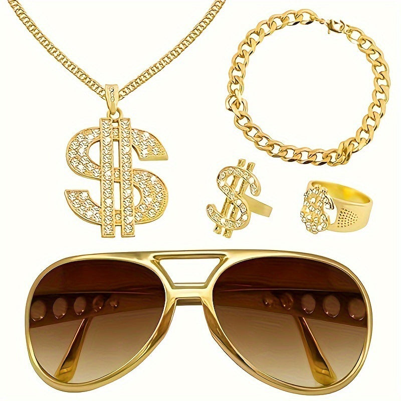 Hip Hop Gold Chain Set with Sunglasses (5 Dollar Theme)