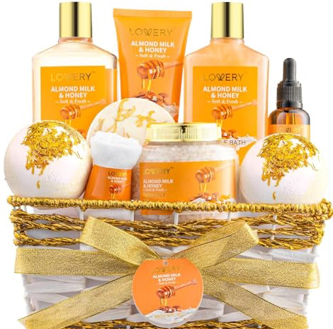 Gift Basket for Women - 10 Pc Almond Milk & Honey Beauty & Personal Care Set - Home Bath Pampering Package for Relaxing - Spa Self Care Kit - Thank You Birthday Mom Anniversary Gift