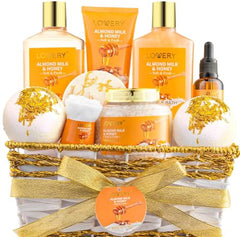 Gift Basket for Women - 10 Pc Almond Milk & Honey Beauty & Personal Care Set - Home Bath Pampering Package for Relaxing - Spa Self Care Kit - Thank You Birthday Mom Anniversary Gift