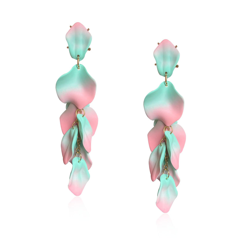 Long Acrylic Rose Petal Earrings Dangle Exaggerated Flower Earrings Drop Statement Floral Tassel Earrings for Women Party Daily Wear (Pink + Blue)