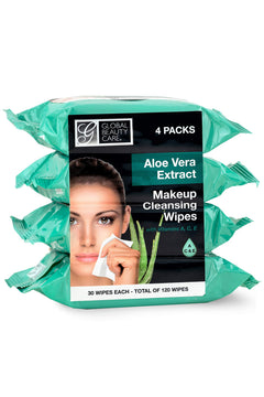 Global Beauty Care Cleansing Makeup Removal Wipes Bulk - Great for travel toiletries - 120 Count (4-Pack) (Aloe Vera)