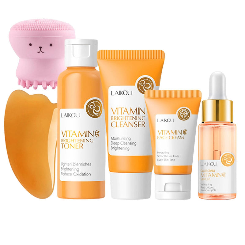 Vitamin C Skincare Set Beauty Gift Sets Travel Skin Care Coreano Kit - Toner Serum Cream Cleanser & Brush Guasha Board Birthday Skin Care Kit For Teens 6pcs Skin Care Routine Kit For Women