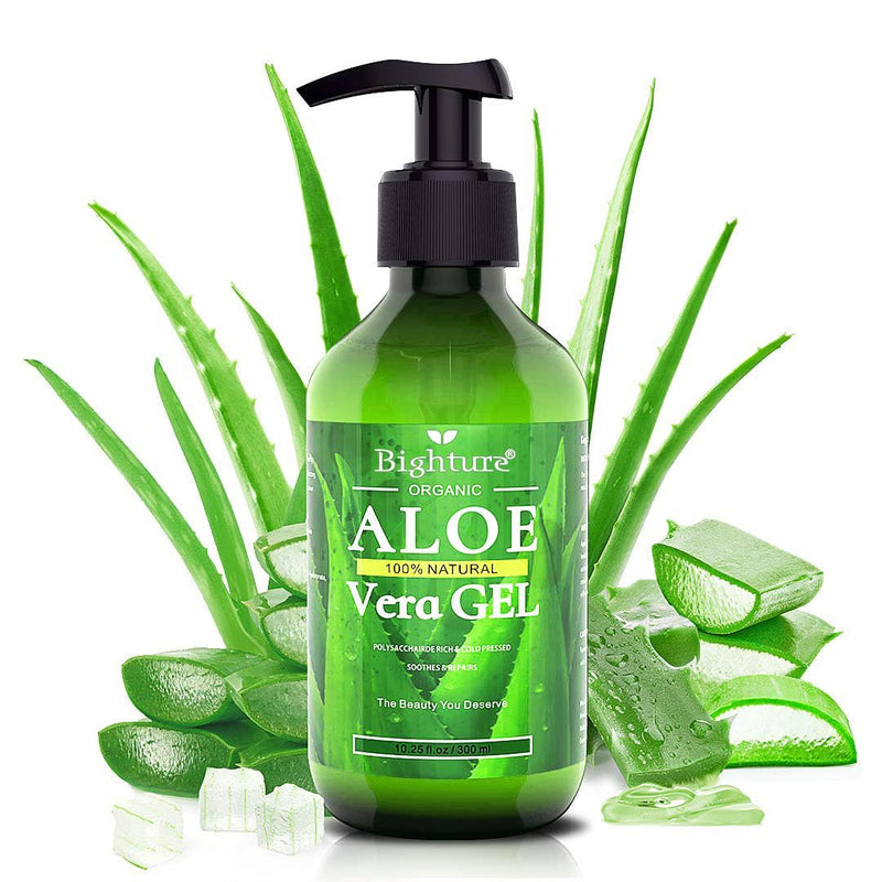 BIGHTURE Aloe Vera Gel 100% Aloe Vera Organic from Freshly Cut Aloe Leaves Skin Care for Deeply & Rapidly Soothing Firming After Shave Sunburn Relieve etc