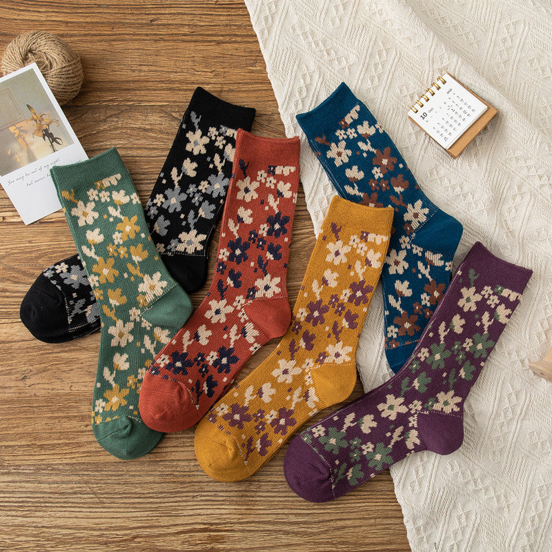 Retro Floral High Tube Ladies' Socks (Small Size)