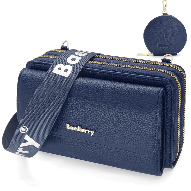 QEWORANE Women Crossbody Bag Small Leather Handbag Ladies Shoulder Bag Cell Phone Wristlet Clutch Purse with Card Slots (Navy Blue)